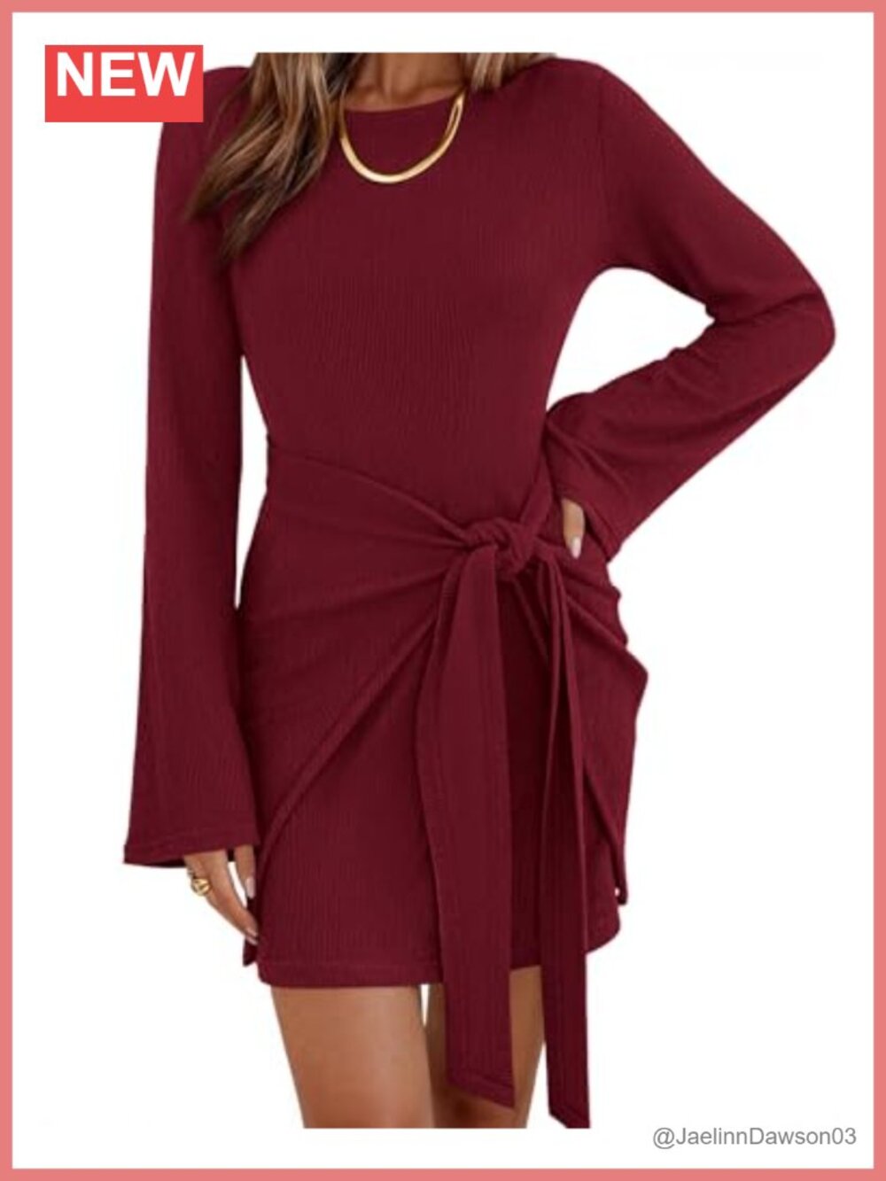 Women Bell Long Sleeve Tie Waist Bodycon Mini Dress Ribbed Knit